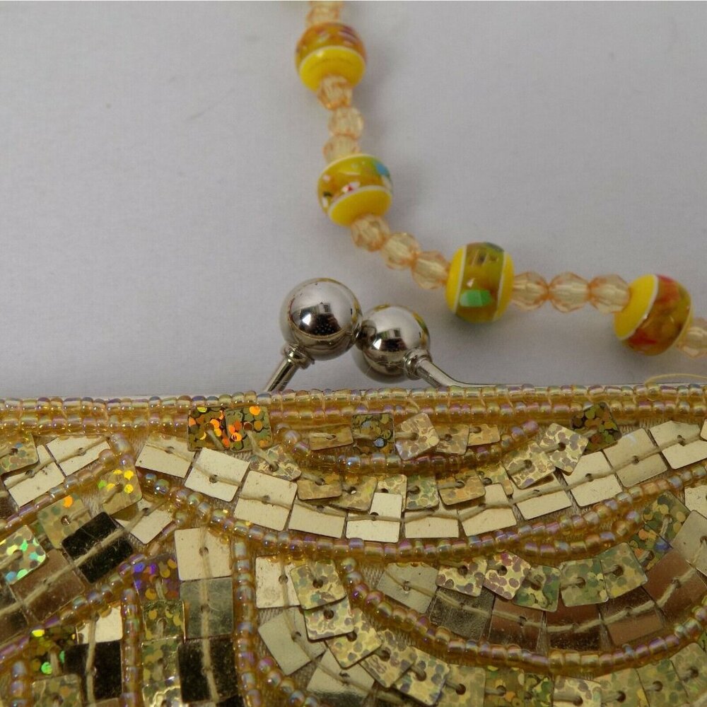 Gold Colored Sequin Clutch Purse Bag Beaded Handle Kissing Clasp Lined Strap - Picture 8 of 8